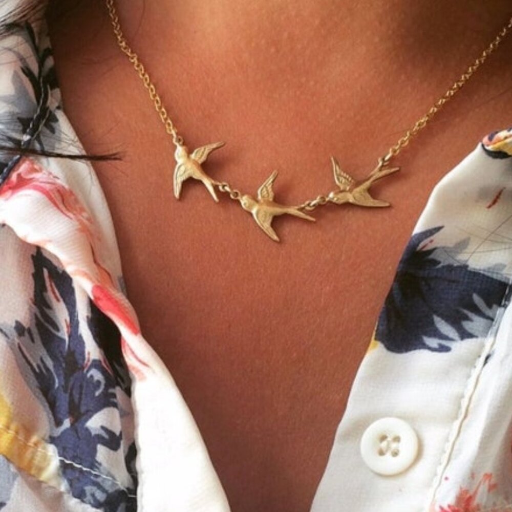3 Little Birds Sparrow Gold Dainty Pretty Bohemian Hippie Boho Gift Necklace
